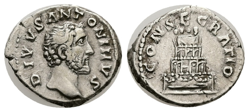 Divus Antoninus Pius, AD 161 Died. AR, Denarius. 3.35 g. 18.99 mm. Rome.
Obv: DI...