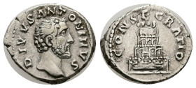 Divus Antoninus Pius, AD 161 Died. AR, Denarius. 3.35 g. 18.99 mm. Rome.
Obv: DIVVS ANTONINVS. Head of Antoninus Pius, bare, drapery on left shoulder,...
