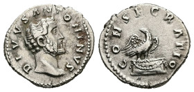 Divus Antoninus Pius, Died 161 AD. AR, Denar. 3.36 g. 19.77 mm. Rome.
Obv: DIVVS ANTONINVS. Head of Antoninus Pius, bare, right.
Rev: CONSECRATIO. Eag...