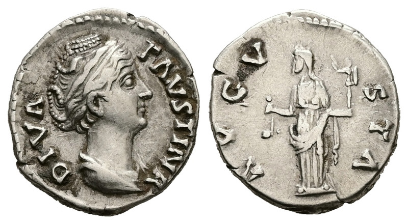 Diva Faustina, Died 140/1 AD. AR, Denarius. 3.25 g. 18.94 mm. Rome.
Obv: DIVA FA...