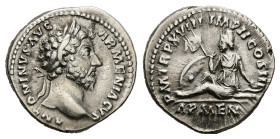 Marcus Aurelius, 161-180 AD. AR, Denarius. 3.20 g. 18.29 mm. Rome.
Obv: ANTONINVS AVG ARMENIACVS. Bust of Marcus Aurelius, laureate, cuirassed, right....