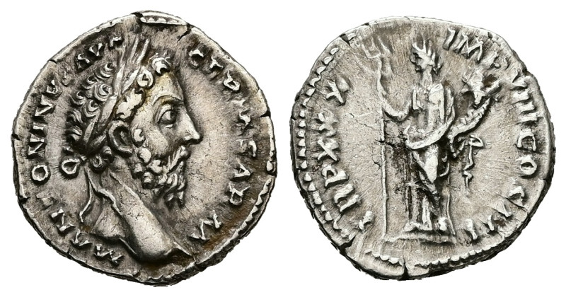 Marcus Aurelius, AD 161-180. AR, Denarius. 3.30 g. 19.09 mm. Rome.
Obv: M ANTONI...