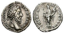 Marcus Aurelius, AD 161-180. AR, Denarius. 3.30 g. 19.09 mm. Rome.
Obv: M ANTONINVS AVG GERM SARM. Head of Marcus Aurelius, laureate, right.
Rev: TR P...