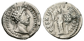 Marcus Aurelius, AD 161-180. AR, Denarius. 3.50 g. 19.44 mm. Rome.
Obv: M ANTONINVS AVG ARM PARTH MAX. Head of Marcus Aurelius, laureate, right.
Rev: ...
