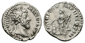 Marcus Aurelius, AD 161-180. AR, Denarius. 3.59 g. 18.07 mm. Rome.
Obv: M ANTONINVS AVG ARMENIACVS. Head of Marcus Aurelius, laureate, right.
Rev: P M...