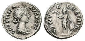 Faustina II, AD 147-175. AR, Denarius. 3.22 g. 18.98 mm. Rome.
Obv: FAVSTINA AVGVSTA. Bust of Faustina II, bare-headed, hair waved and elaborately coi...