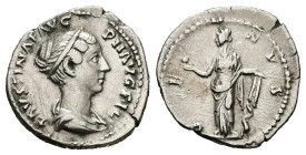 Faustina II, AD 147-175. AR, Denarius. 3.26 g. 18.88 mm. Rome.
Obv: FAVSTINAE AVG PII AVG FIL. Bust of Faustina the Younger, band of pearls round head...