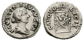 Faustina II, AD 147-175. AR, Denarius. 3.46 g. 18.32 mm. Rome.
Obv: FAVSTINA AVGVSTA. Bust of Faustina II, diademed, hair waved and fastened in a bun ...