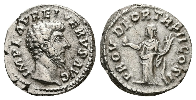 Lucius Verus, AD 161-169. AR, Denarius. 3.88 g. 18.68 mm. Rome.
Obv: IMP L AVREL...