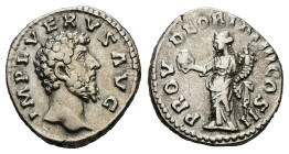 Lucius Verus, AD 161-169. AR, Denarius. 3.46 g. 18.18 mm. Rome.
Obv: IMP L VERVS AVG. Head of Lucius Verus, bare, right.
Rev: PROV DEOR TR P III COS I...