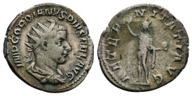 Gordian III, AD 238-244. AR, Antoninianus. 3.83 g. 22.47 mm. Rome.
Obv: IMP GORDIANVS PIVS FEL AVG. Bust of Gordian III, radiate, draped, cuirassed, r...