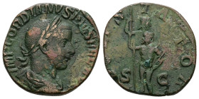 Gordian III, AD 238-244. AE, Sestertius. 16.13 g. 29.25 mm. Rome.
Obv: IMP GORDIANVS PIVS FEL AVG. Bust of Gordian III, laureate, draped, cuirassed, r...