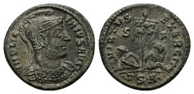 Licinius I, AD 308-324. AE, Follis. 2.83 g. 19.15 mm. Thessalonica.
Obv: MP LICINIVS AVG. Bust of Licinius, helmeted, cuirassed, right.
Rev: VIRTVS EX...