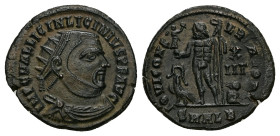 Licinius I, AD 308-324. AE, Follis. 3.56 g. 19.86 mm. Alexandria.
Obv: IMP C VAL LICIN LICINIVS P F AVG. Bust of Licinius, radiate, draped, cuirassed,...