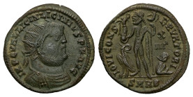 Licinius I, AD 308-324. AE, Follis. 2.47 g. 20.33 mm. Heraclea.
Obv: IMP C VAL LICIN LICINIVS P F AVG. Bust of Licinius, radiate, draped, cuirassed, r...