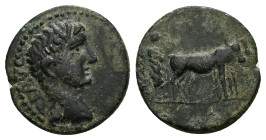 Macedon, Philippi. Tiberius, AD 14-37. AE. 3.08 g. 17.60 mm.
Obv: TI AVG. Bare head of Tiberius, right.
Rev: Two priests ploughing, right.
Ref: RPC 16...