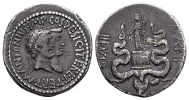 Ionia, Ephesus. Mark Antony with Octavia, 39 BC. AR, Cistophorus. 11.48 g. 26.60 mm.
Obv: M·ANTONIVS·IMP·COS·DESIG·ITER·ET·TERT. Head of Antony and bu...
