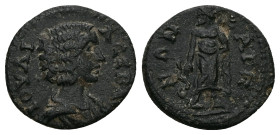 Lydia, Bagis. Julia Domna, AD 193-217. AE. 3.03 g. 18.26 mm.
Obv: IOYΛIA CEBAC. Draped bust of Julia Domna, right.
Rev: BAΓHNΩN. Asklepios standing fa...