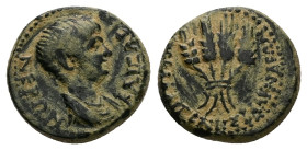 Lydia, Blaundus. Nero, AD 54-68. AE, 3.71 g. 16.12 mm.
Obv: ΝΕΡ[ΩΝ] ΚΑΙΣΑΡ. Draped bust of Nero, right.
Rev: ΚΑΛΛΙΓΕΝΗΣ ΒΛΑΥΝΔΕΩΝ. Four ears of corn, ...