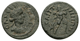 Lydia, Saitta. Pseudo-autonomous. Time of Caracalla-Elagabalus, AD 198-222. AE. 3.63 g. 18.84 mm.
Obv: ϹΑΙΤΤΑΙ. Draped and turreted bust of Tyche, ri...
