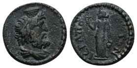 Phrygia, Hierapolis. Pseudo-autonomous, AD 98-117. AE. 4.52 g. 18.53 mm.
Obv: Draped bust of Serapis right, wearing polos. 
Rev: IEΡAΠOΛEITΩN. Isis st...