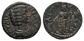 Caria, Attuda. Julia Domna, AD 193-217. AE. 2.66 g. 18.39 mm.
Obv: IOYΛIA CEBACTH. Draped bust of Julia Domna, right.
Rev: ATTOYΔEΩN. Tyche standing l...