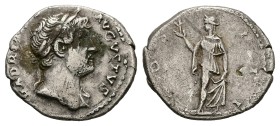 Hadrian, AD 117-138. AR, Denarius. 3.10 g. 19.07 mm. Rome.
Obv: HADRIANVS AVGVSTVS. Head of Hadrian, laureate, right.
Rev: COS III. Spes advancing l...