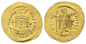 Maurice Tiberius, AD 582-602. AV, Solidus. 4.27 g. 22.91 mm. Constantinople.
Obv: DN MAVRC-TIbPPAVC. Frontal bust of Maurice in cuirass and helmet wi...