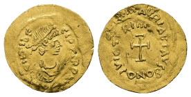 Maurice Tiberius, AD 582-602. AV, Tremissis. 1.45 g. 16.38 mm. Constantinople.
Obv: D N TibЄ-RI P P A[VC]. Pearl diademed, draped, cuirassed bust rig...