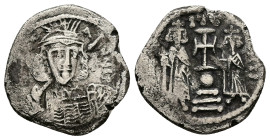 Constantine IV Pogonatus, Heraclius and Tiberius, AD 668-685. AR, Hexagram. 5.85 g. 22.05 mm. Constantinople.
Obv: Beardless, crowned bust facing, wea...