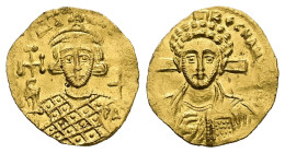 Justinian II, second reign. AD 705-711. AV, Tremissis. 1.36 g. 16.95 mm. Constantinople.
Obv: Facing bust of Christ with curly hair and close beard w...