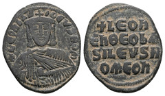 Leo VI the Wise, AD 886-912. AE, Follis. 6.18 g. 27.71 mm. Constantinople.
Obv: + LЄOҺЬAS-ILЄVSROM. Frontal bust of Leo VI with short beard wearing ch...