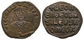 Leo VI the Wise, AD 886-912. AE, Follis. 4.31 g. 26.31 mm. Constantinople.
Obv: + LЄOҺЬAS-ILЄVSROM. Frontal bust of Leo VI with short beard wearing ch...