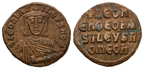 Leo VI the Wise, AD 886-912. AE, Follis. 6.53 g. 25.95 mm. Constantinople.
Obv: + LЄOҺЬAS-ILЄVSROM. Frontal bust of Leo VI with short beard wearing ch...