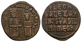 Leo VI the Wise and Alexander, AD 886-912. AE, Follis. 5.86 g. 25.80 mm. Constantinople.
Obv: [+ LЄOҺ]-SALЄΞAҺδROS. Leo on left and Alexander on right...