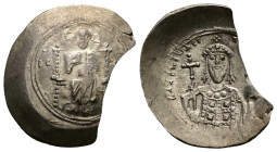 Alexius I, AD 1081-1118. EL, Aspron Trachy. 3.47 g. 29.07 mm. Constantinople.
Obv: IC-[XC] to left and right of Christ, nimbate, seated facing, holdi...