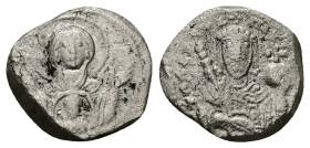 Alexius I Comnenus, AD 1081-1118. Pre-Reform AR, Tetarteron. 3.57 g. 17.41 mm. Thessalonica.
Obv: [MHP – ΘV]. Frontal bust of Virgin, nimbate, wearin...