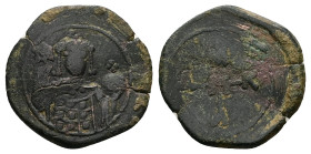 Manuel I Comnenus, AD 1143-1180. AE, Half Tetarteron. 3.01 g. 20.53 mm. Thessalonica.
Obv:Crowned, unbearded bust of Manuel facing, wearing loros, hol...