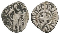 Andronicus II Palaeologus, AD 1282-1328. BI, Tornese. 0.61 g. 17.37 mm. Constantinople.
Obv: Andronicus standing facing, holding cross-tipped sceptre ...