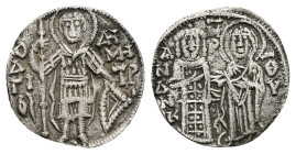 Andronicus III Paleologus, AD 1328-1341. AR, Half Basilikon. 0.86 g. 16.72 mm. Constantinople.
Obv: OAΓIOC – ΔHMHTΡ. St. Demetrios standing, nimbate,...