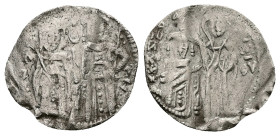 John V Palaeologus, Anna of Savoy, AD 1341-1391. AR, Basilikon. 1.10 g. 21.30 mm. Constantinople.
Obv: Anna holding trilobate scepter. John V holding...