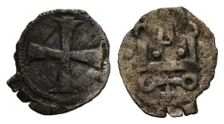 Crusaders, Principality of Achaea. Philippe de Savoy (?), AD 1301-1307. Bl, Denier. 0.23 g 12.81 mm.
Obv: [+ DE CLARENCIA] around Castle Tournois.
Rev...