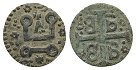 Crusaders, Mytilene (Lordship). Francesco I Gattilusio, AD 1355-1384. Bl, Denaro. 0.43 g. 15.03 mm.
Obv: Castle Tournois.
Rev: Palaeologan tetragramma...