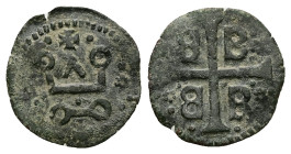 Crusaders, Mytilene (Lordship). Francesco I Gattilusio, AD 1355-1384. Bl, Denaro. 0.88 g. 17.02 mm.
Obv: Castle Tournois.
Rev: Palaeologan tetragramma...