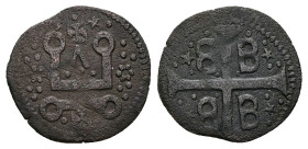 Crusaders, Mytilene (Lordship). Francesco I Gattilusio, AD 1355-1384. Bl, Denaro. 0.88 g. 17.52 mm.
Obv: Castle Tournois.
Rev: Palaeologan tetragramma...