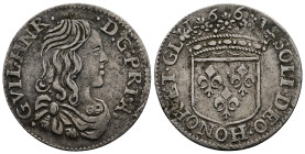 France. Guillaume Henri de Nassau, AD 1650-1702. 1/12 Écu. 1.98 g. 20.17 mm.
Obv: GVIL HNR D G PRI AV. Draped bust right.
Rev: 1661 / SOLI DEO HONOR E...