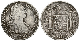 Charles IV, AD 1788-1808. AR, 8 Reales. 26.82 g. 39.71 mm.
Obv: CAROLUS IIII DEI GRATIA / 1799. Bust of Charles IV facing right.
Rev: HISPAN ET IND ...