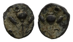 PB Greco-Roman tessera. Phrygia, Ancyra? (AD 1st–3rd centuries)
Poppy between two grain ears on both sides.
Cf. Engel BCH 175 (reverse worn); Buceph...