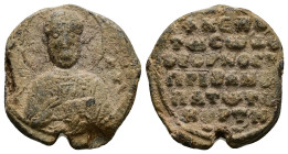 PB Byzantine seal of Theognostos Bourtzes, patrikios and anthypatos (AD 11th century, middle)
Obv: Bust of St. Nicholas offering a blessing with his ...