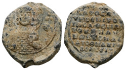 PB Byzantine seal of Ioannes Makrembolites, patrikios hypatos krites of the hippodrome of the velon and of Anatolikon (c. 1040–1060)
Obv: Half-length...